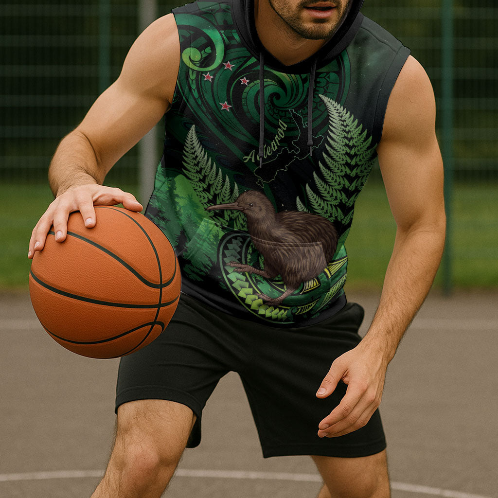 Kiwi New Zealand Personalised Sleeveless Hoodie Aotearoa Map Silver Fern Koru Pattern LT22 - Polynesian Pride
