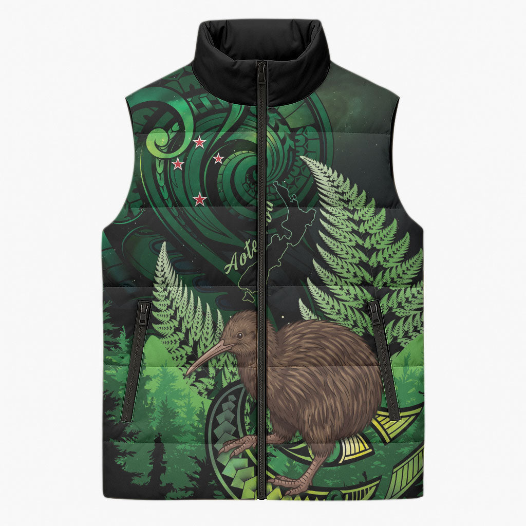 Kiwi New Zealand Personalised Sleeveless Puffer Jacket Aotearoa Map Silver Fern Koru Pattern LT22 Unisex Green - Polynesian Pride