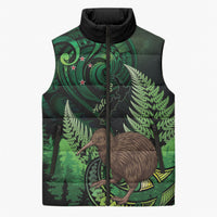 Kiwi New Zealand Personalised Sleeveless Puffer Jacket Aotearoa Map Silver Fern Koru Pattern LT22 Unisex Green - Polynesian Pride