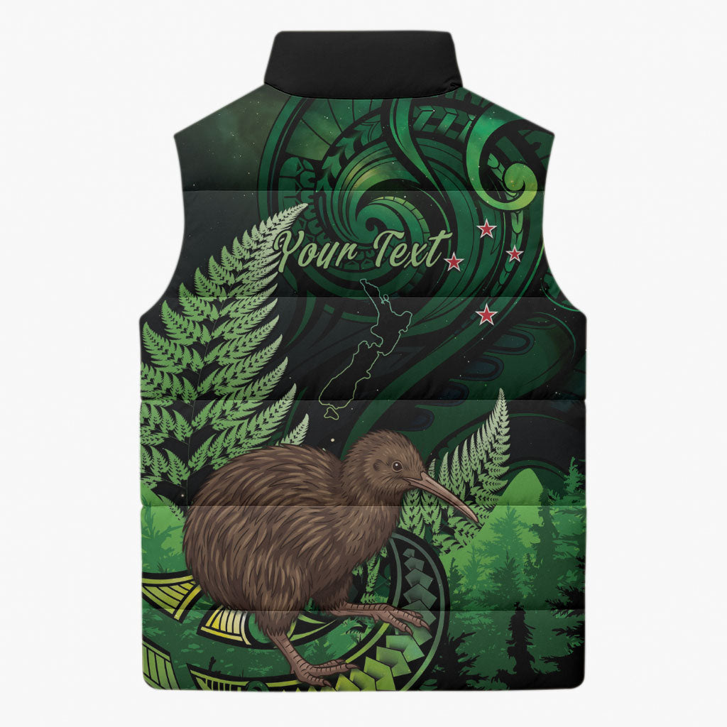 Kiwi New Zealand Personalised Sleeveless Puffer Jacket Aotearoa Map Silver Fern Koru Pattern LT22 - Polynesian Pride
