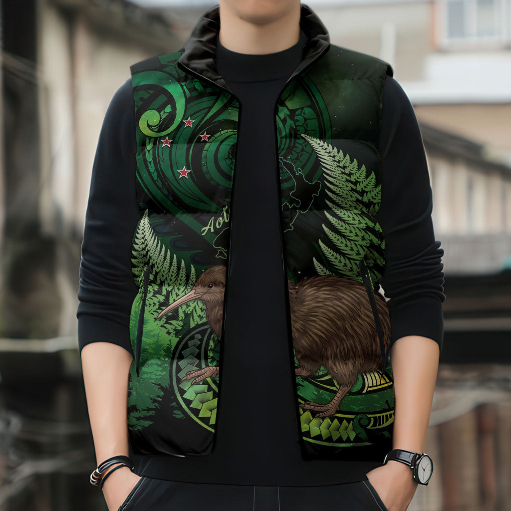 Kiwi New Zealand Personalised Sleeveless Puffer Jacket Aotearoa Map Silver Fern Koru Pattern LT22 - Polynesian Pride