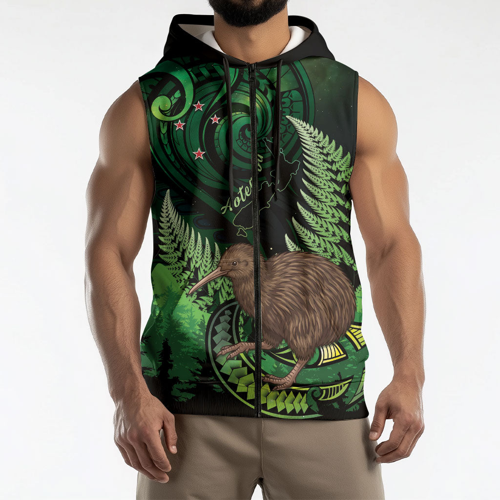 Kiwi New Zealand Personalised Sleeveless Zip Hoodie Aotearoa Map Silver Fern Koru Pattern LT22 - Polynesian Pride
