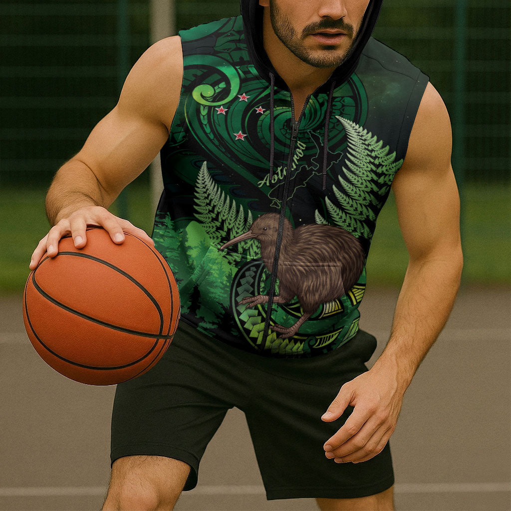 Kiwi New Zealand Personalised Sleeveless Zip Hoodie Aotearoa Map Silver Fern Koru Pattern LT22 - Polynesian Pride