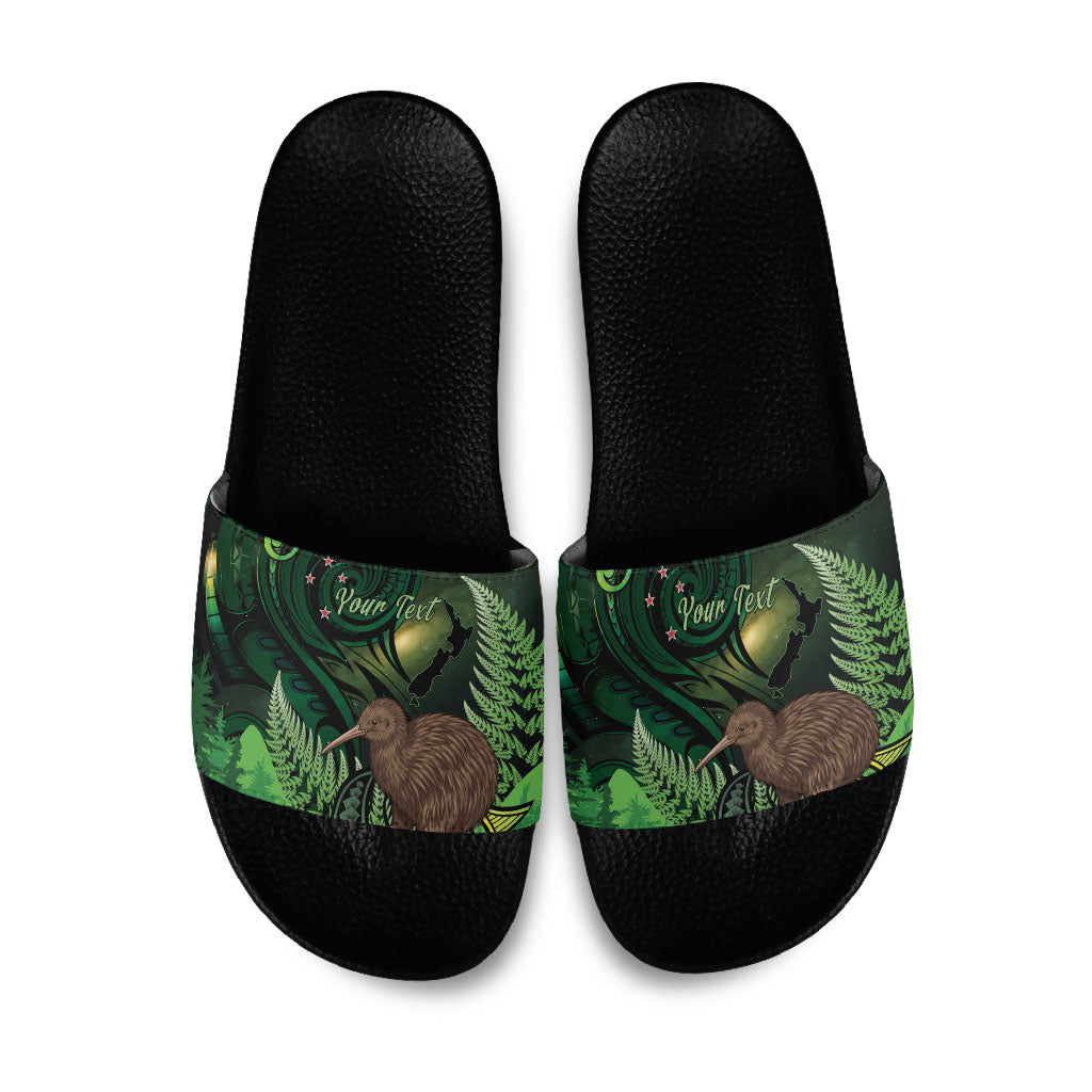 Kiwi New Zealand Personalised Slide Sandals Aotearoa Map Silver Fern Koru Pattern LT22 Green - Polynesian Pride