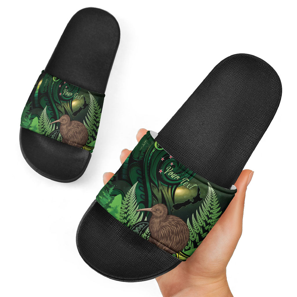 Kiwi New Zealand Personalised Slide Sandals Aotearoa Map Silver Fern Koru Pattern LT22 - Polynesian Pride