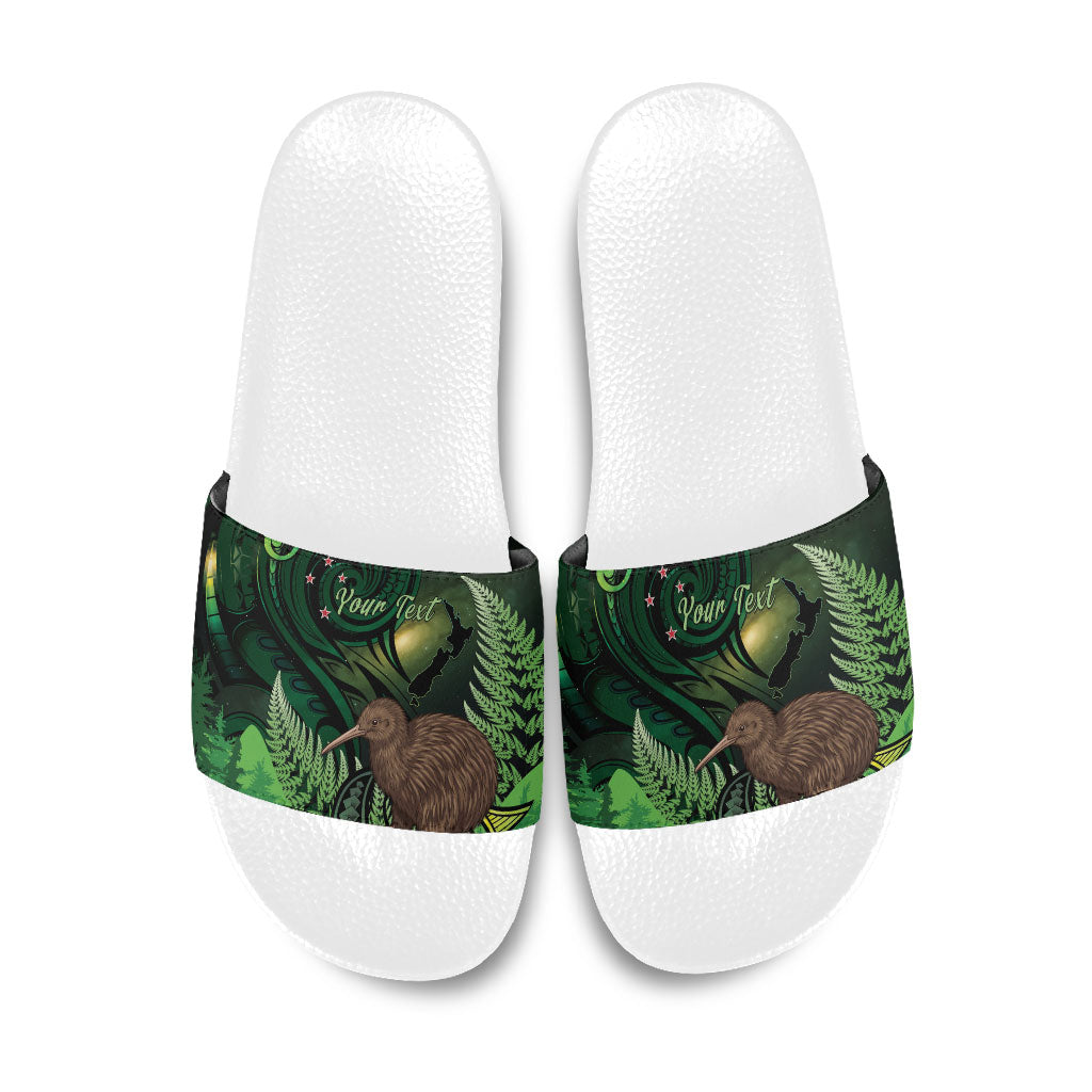 Kiwi New Zealand Personalised Slide Sandals Aotearoa Map Silver Fern Koru Pattern LT22 Green - Polynesian Pride