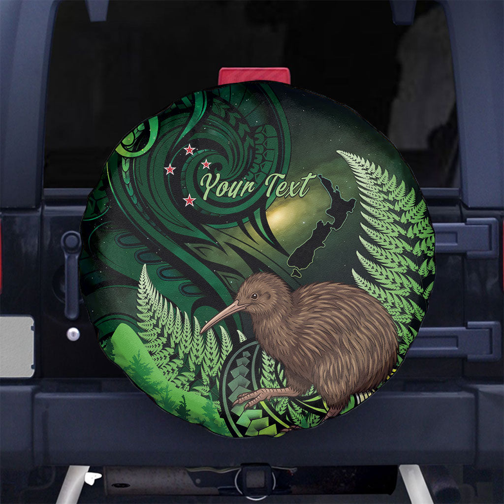 Kiwi New Zealand Personalised Spare Tire Cover Aotearoa Map Silver Fern Koru Pattern LT22 No hole Green - Polynesian Pride
