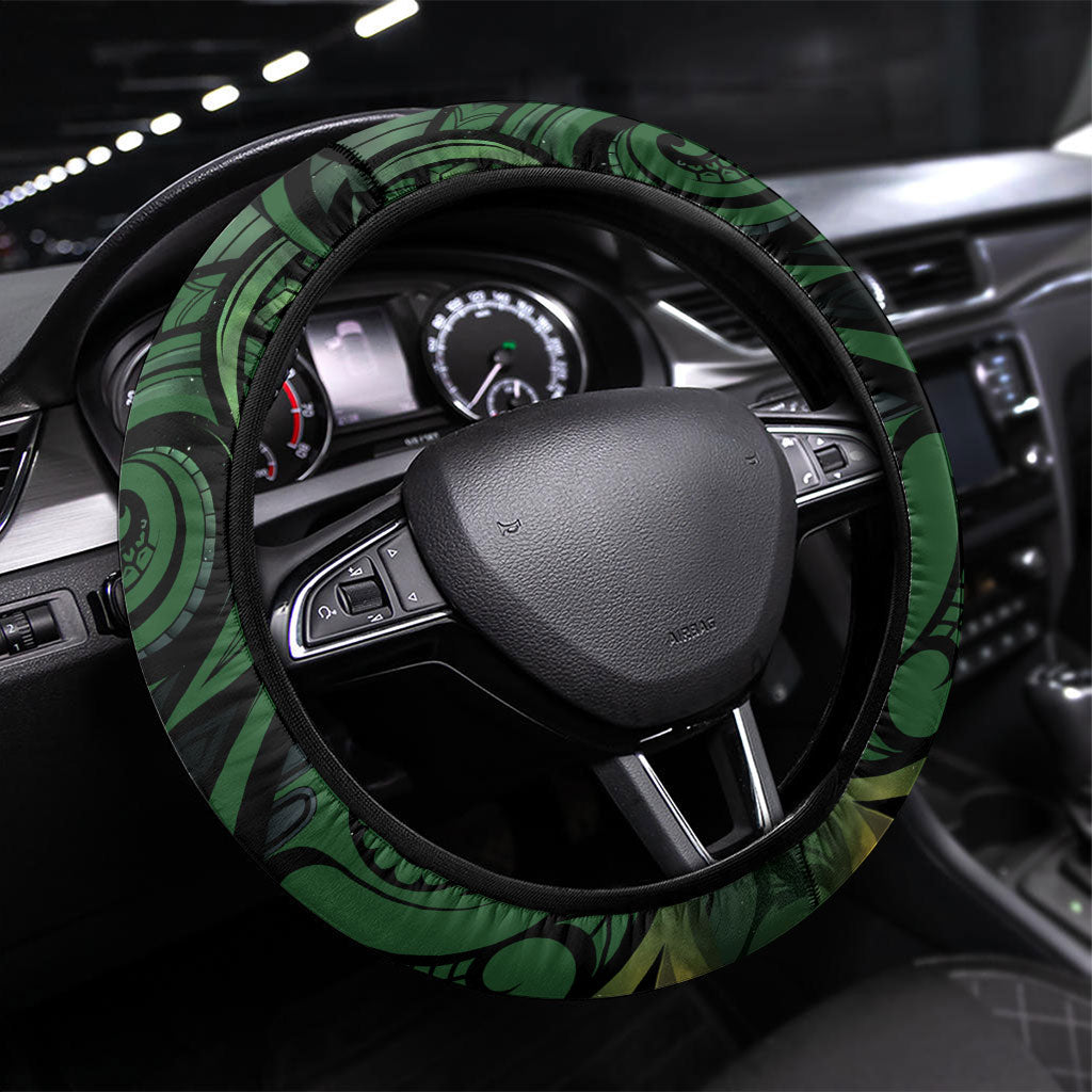 Kiwi New Zealand Steering Wheel Cover Aotearoa Map Silver Fern Koru Pattern LT22 Universal Fit Green - Polynesian Pride