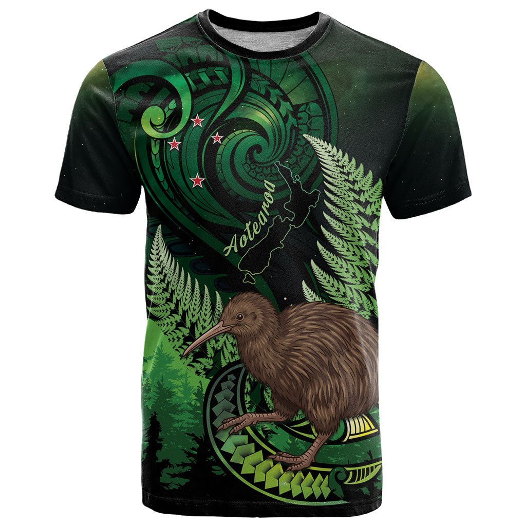 Kiwi New Zealand Personalised T Shirt Aotearoa Map Silver Fern Koru Pattern LT22 Green - Polynesian Pride