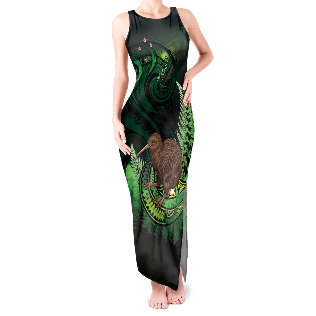Kiwi New Zealand Personalised Tank Maxi Dress Aotearoa Map Silver Fern Koru Pattern LT22 Women Green - Polynesian Pride