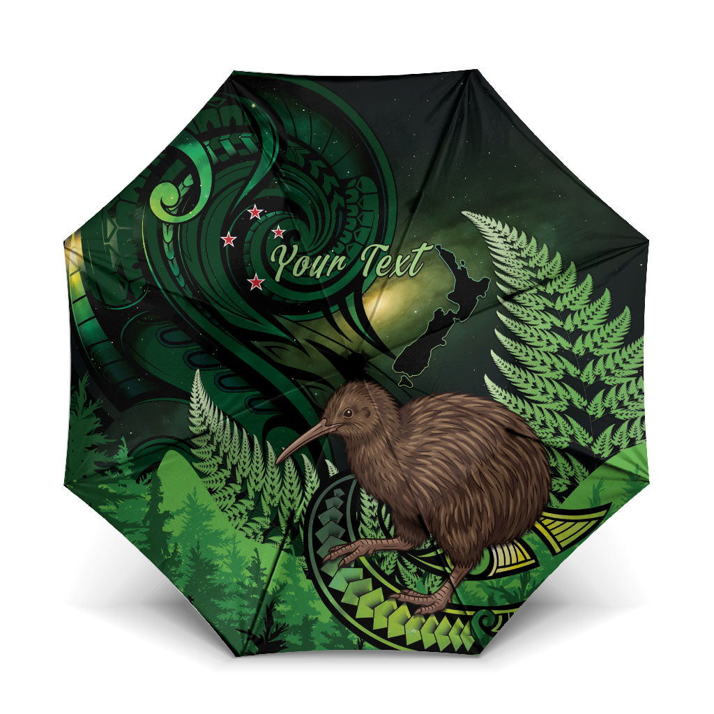 Kiwi New Zealand Personalised Umbrella Aotearoa Map Silver Fern Koru Pattern LT22 One Size Folded 11.42 inch Opened Diameter 37.4 inch Green - Polynesian Pride