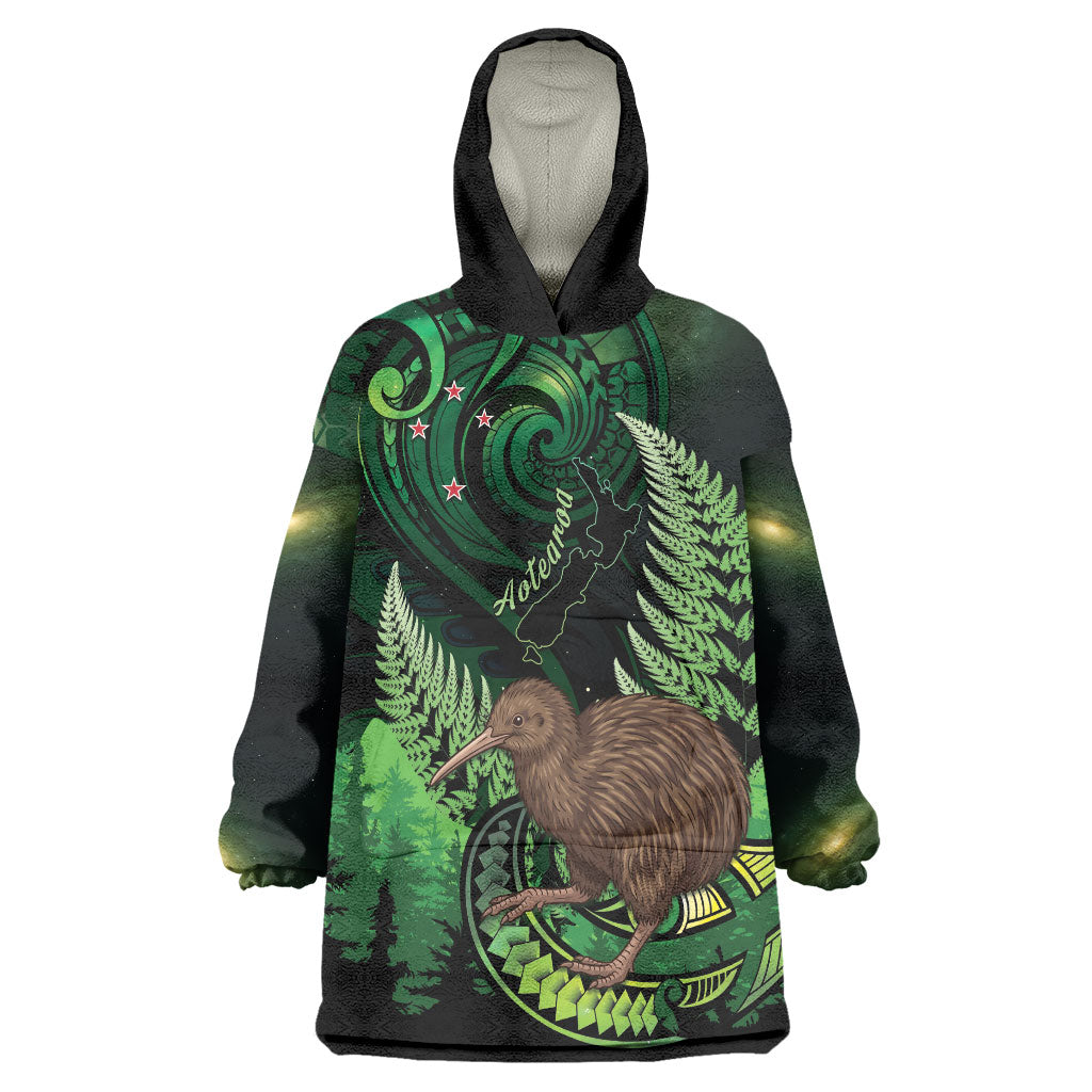 Kiwi New Zealand Personalised Wearable Blanket Hoodie Aotearoa Map Silver Fern Koru Pattern
