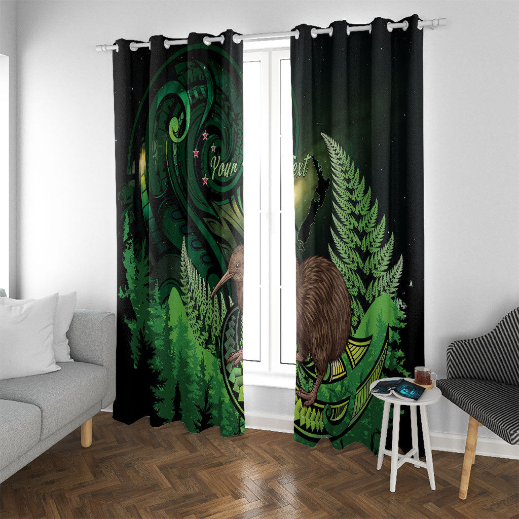 Kiwi New Zealand Personalised Window Curtain Aotearoa Map Silver Fern Koru Pattern LT22 With Grommets Green - Polynesian Pride