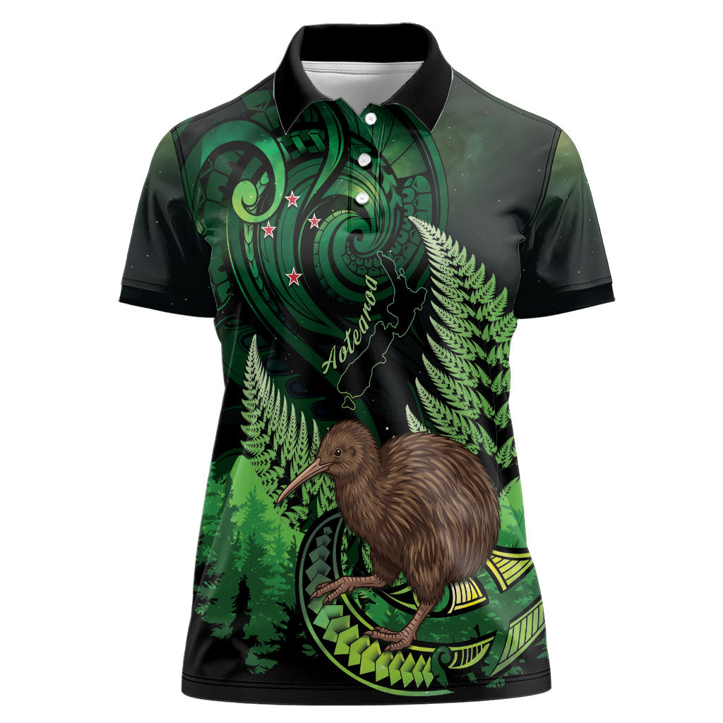 Kiwi New Zealand Personalised Women Polo Shirt Aotearoa Map Silver Fern Koru Pattern LT22 Female Green - Polynesian Pride