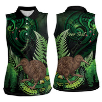 Kiwi New Zealand Personalised Women Sleeveless Polo Shirt Aotearoa Map Silver Fern Koru Pattern