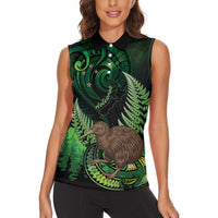Kiwi New Zealand Personalised Women Sleeveless Polo Shirt Aotearoa Map Silver Fern Koru Pattern