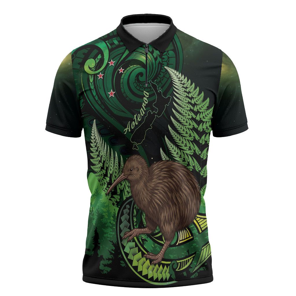 Kiwi New Zealand Personalised Zipper Polo Shirt Aotearoa Map Silver Fern Koru Pattern LT22 Green - Polynesian Pride