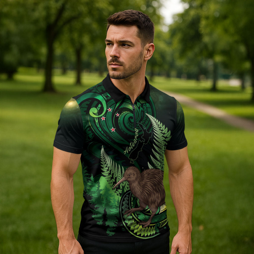 Kiwi New Zealand Personalised Zipper Polo Shirt Aotearoa Map Silver Fern Koru Pattern LT22 - Polynesian Pride