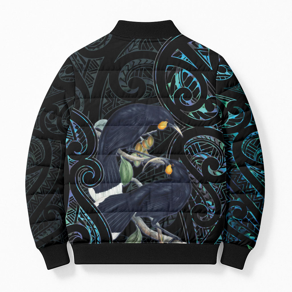 New Zealand Huia Bird Bomber Puffer Jacket Paua Shell Maori Pattern