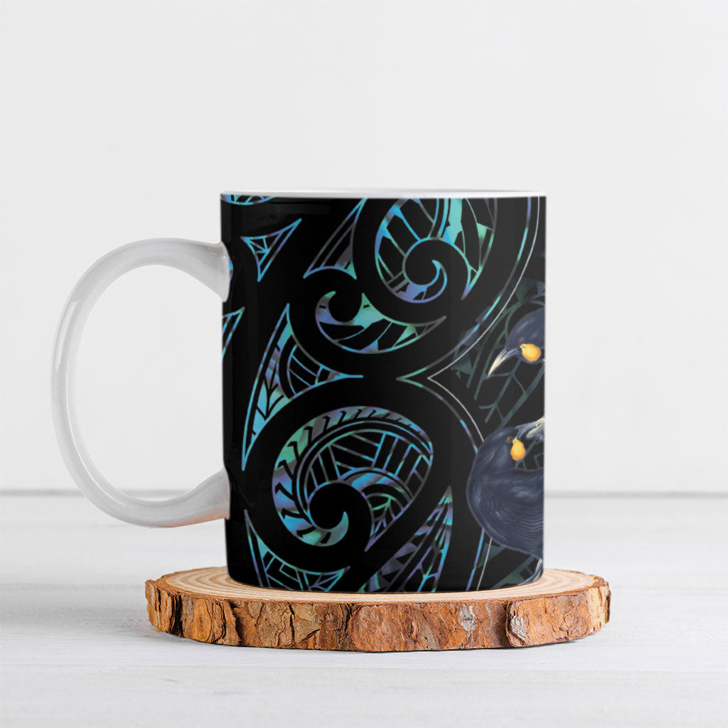 New Zealand Huia Bird Ceramic Mug Paua Shell Maori Pattern LT22 Black - Polynesian Pride