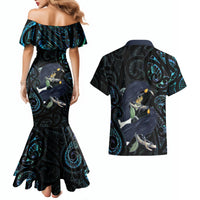 New Zealand Huia Bird Couples Matching Mermaid Dress and Hawaiian Shirt Paua Shell Maori Pattern