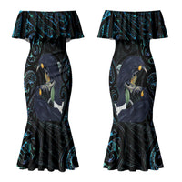 New Zealand Huia Bird Couples Matching Mermaid Dress and Hawaiian Shirt Paua Shell Maori Pattern LT22 - Polynesian Pride