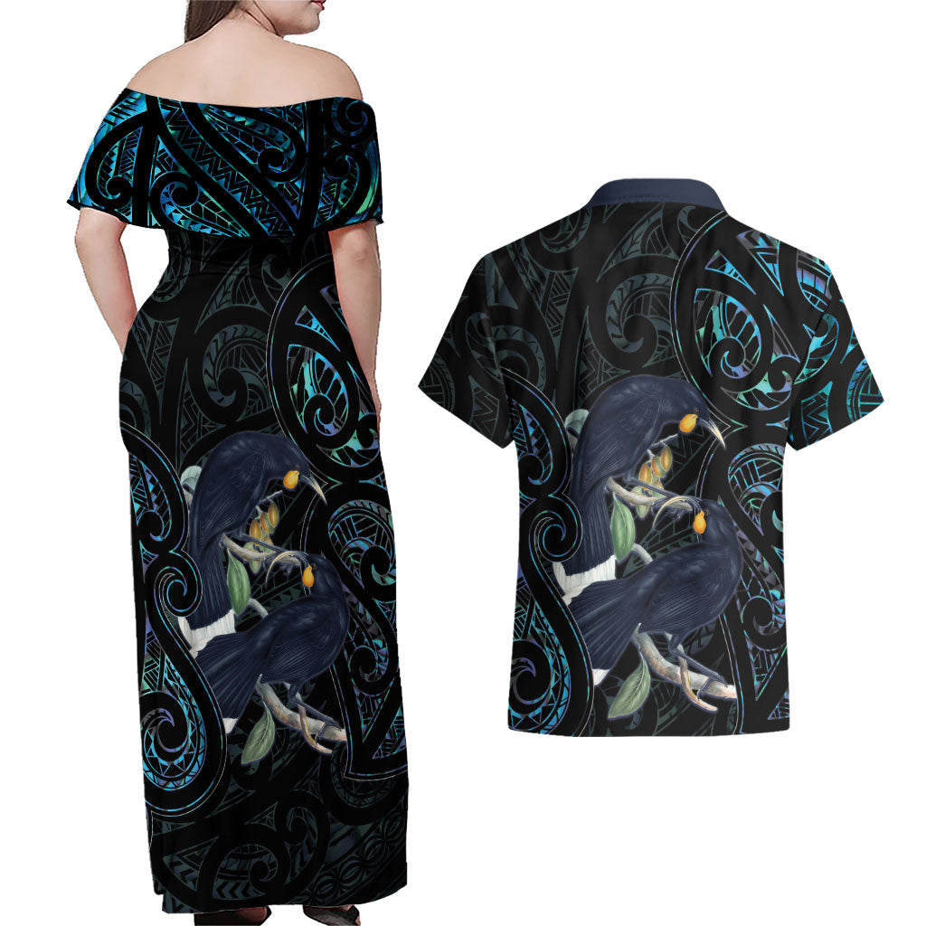 New Zealand Huia Bird Couples Matching Off Shoulder Maxi Dress and Hawaiian Shirt Paua Shell Maori Pattern