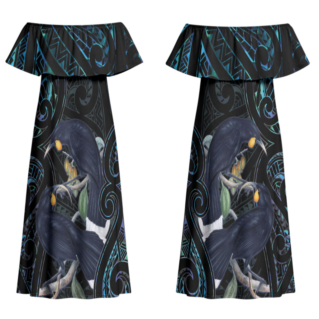 New Zealand Huia Bird Couples Matching Off Shoulder Maxi Dress and Hawaiian Shirt Paua Shell Maori Pattern LT22 - Polynesian Pride