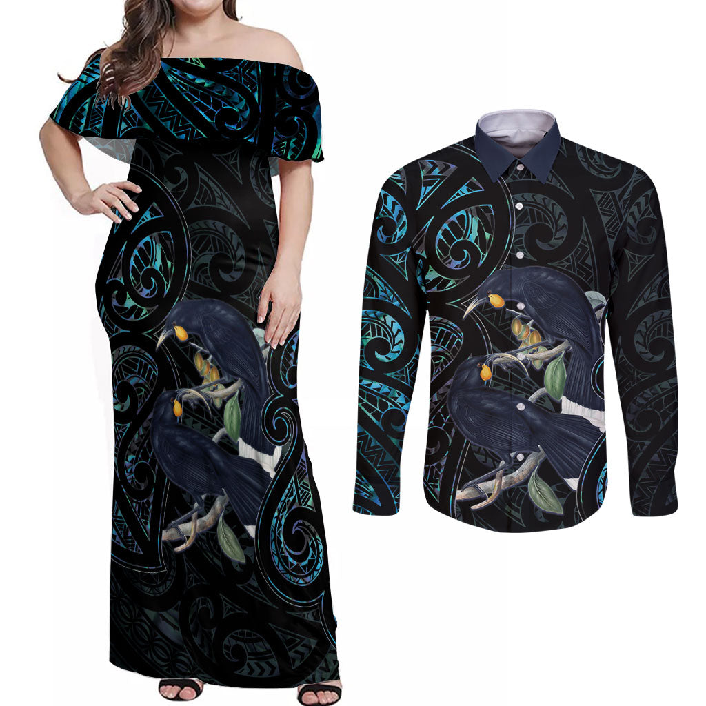 New Zealand Huia Bird Couples Matching Off Shoulder Maxi Dress and Long Sleeve Button Shirt Paua Shell Maori Pattern