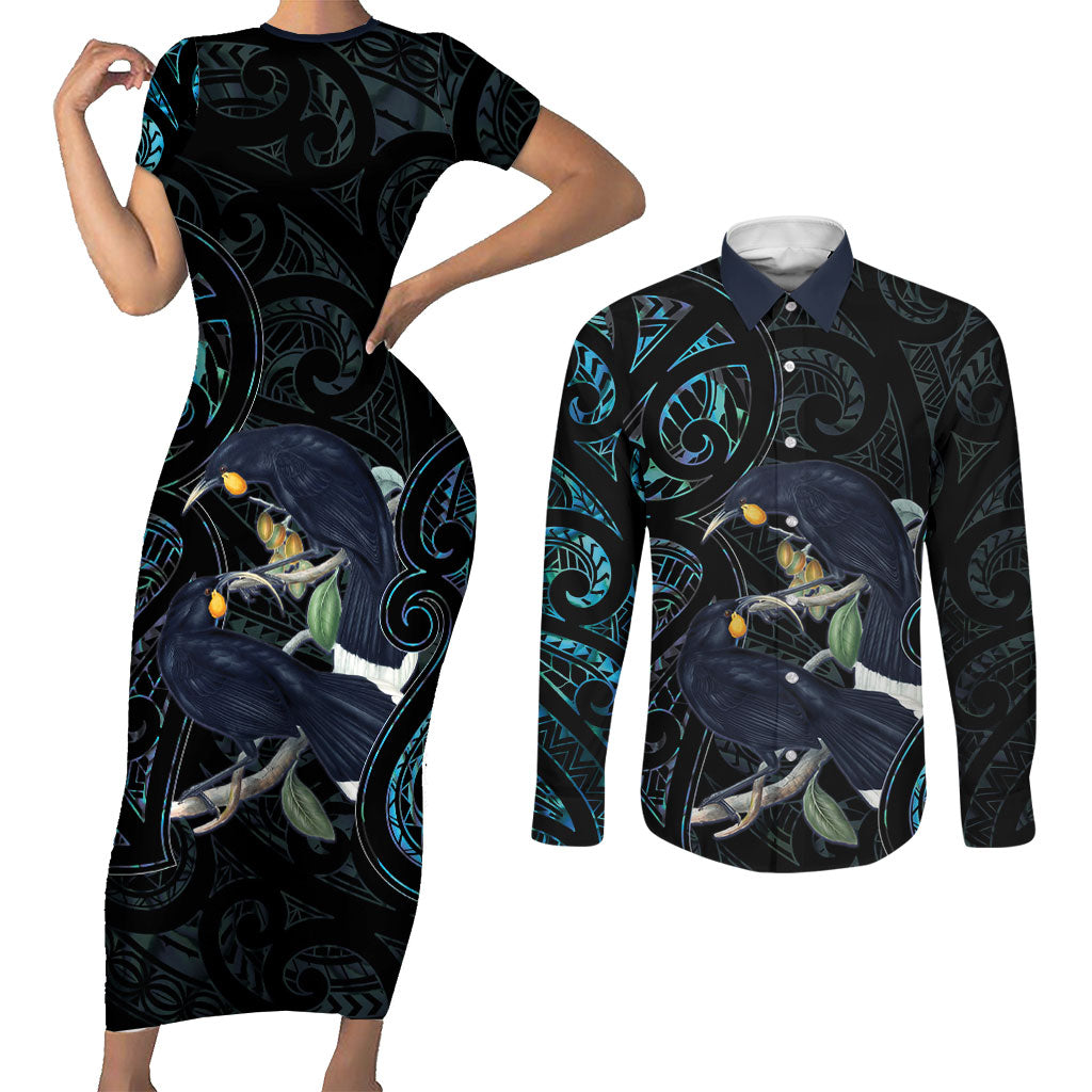 New Zealand Huia Bird Couples Matching Short Sleeve Bodycon Dress and Long Sleeve Button Shirt Paua Shell Maori Pattern LT22 Black - Polynesian Pride