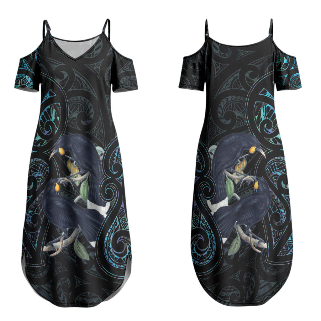 New Zealand Huia Bird Couples Matching Summer Maxi Dress and Hawaiian Shirt Paua Shell Maori Pattern LT22 - Polynesian Pride