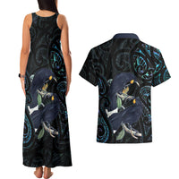 New Zealand Huia Bird Couples Matching Tank Maxi Dress and Hawaiian Shirt Paua Shell Maori Pattern