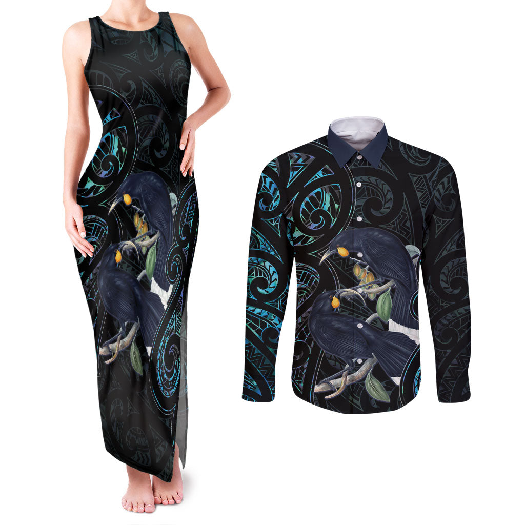New Zealand Huia Bird Couples Matching Tank Maxi Dress and Long Sleeve Button Shirt Paua Shell Maori Pattern LT22 Black - Polynesian Pride