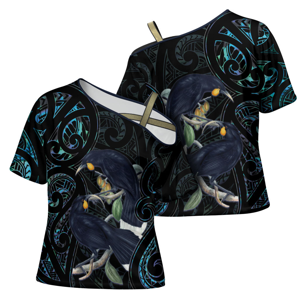 New Zealand Huia Bird Cross Shoulder Shirt Paua Shell Maori Pattern
