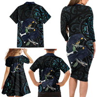 New Zealand Huia Bird Family Matching Long Sleeve Bodycon Dress and Hawaiian Shirt Paua Shell Maori Pattern