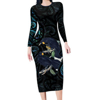 New Zealand Huia Bird Family Matching Long Sleeve Bodycon Dress and Hawaiian Shirt Paua Shell Maori Pattern
