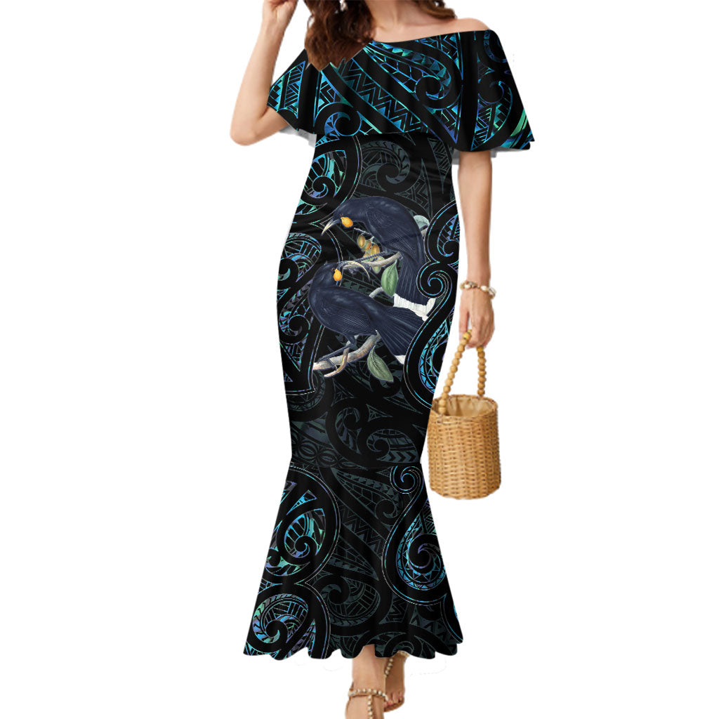 New Zealand Huia Bird Family Matching Mermaid Dress and Hawaiian Shirt Paua Shell Maori Pattern