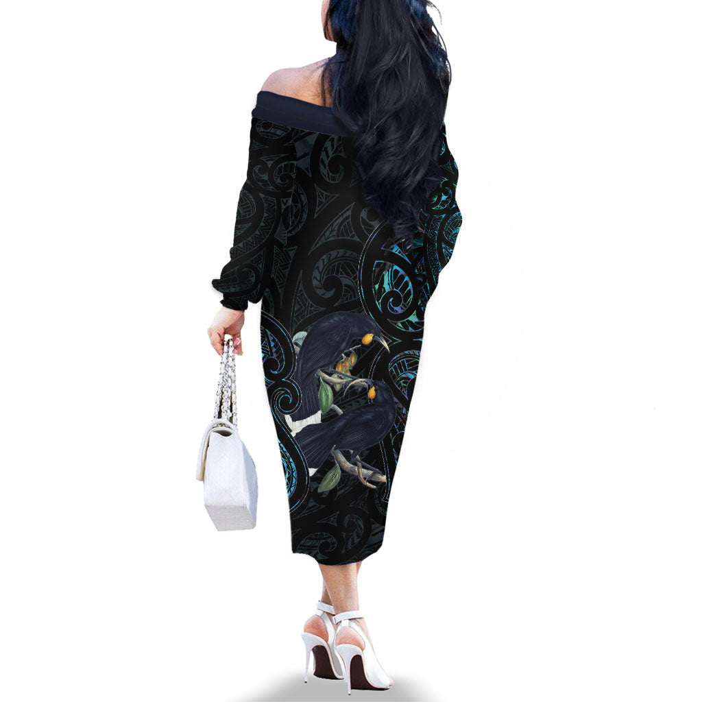 New Zealand Huia Bird Family Matching Off The Shoulder Long Sleeve Dress and Hawaiian Shirt Paua Shell Maori Pattern