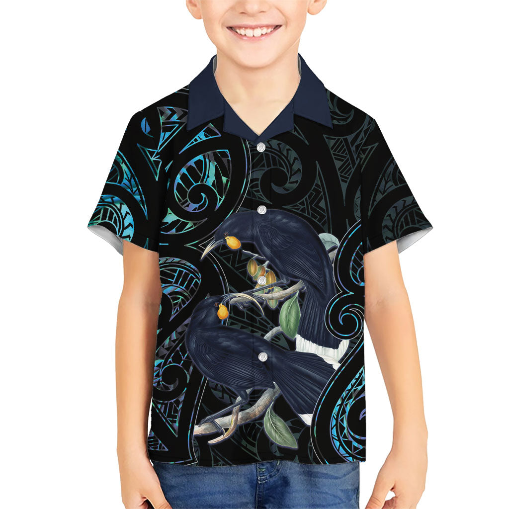 New Zealand Huia Bird Family Matching Off The Shoulder Long Sleeve Dress and Hawaiian Shirt Paua Shell Maori Pattern