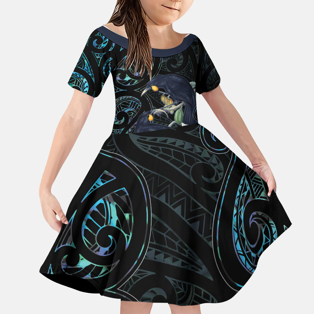 New Zealand Huia Bird Family Matching Off Shoulder Short Dress and Hawaiian Shirt Paua Shell Maori Pattern