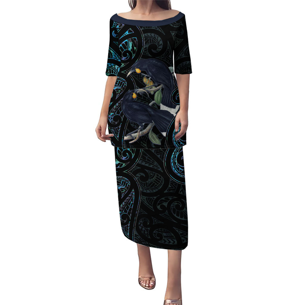New Zealand Huia Bird Family Matching Puletasi and Hawaiian Shirt Paua Shell Maori Pattern