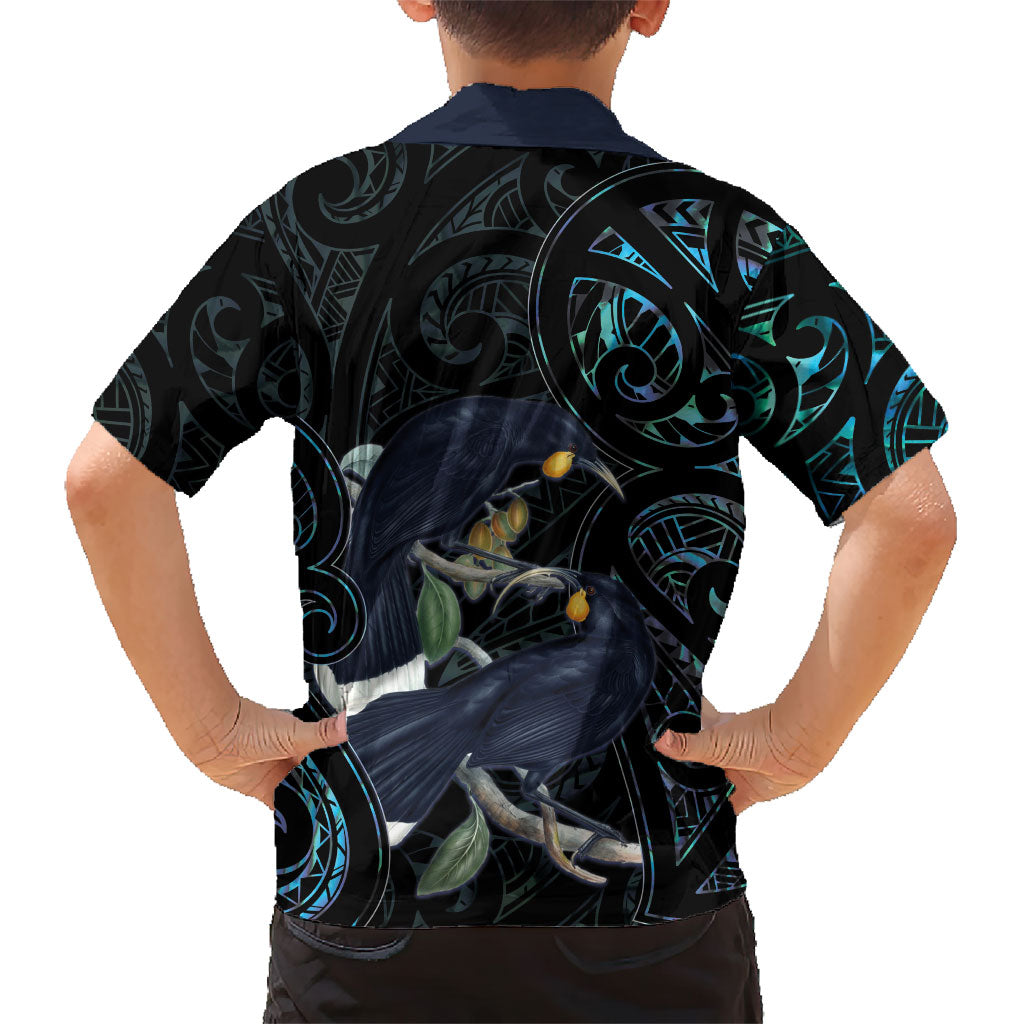 New Zealand Huia Bird Family Matching Short Sleeve Bodycon Dress and Hawaiian Shirt Paua Shell Maori Pattern