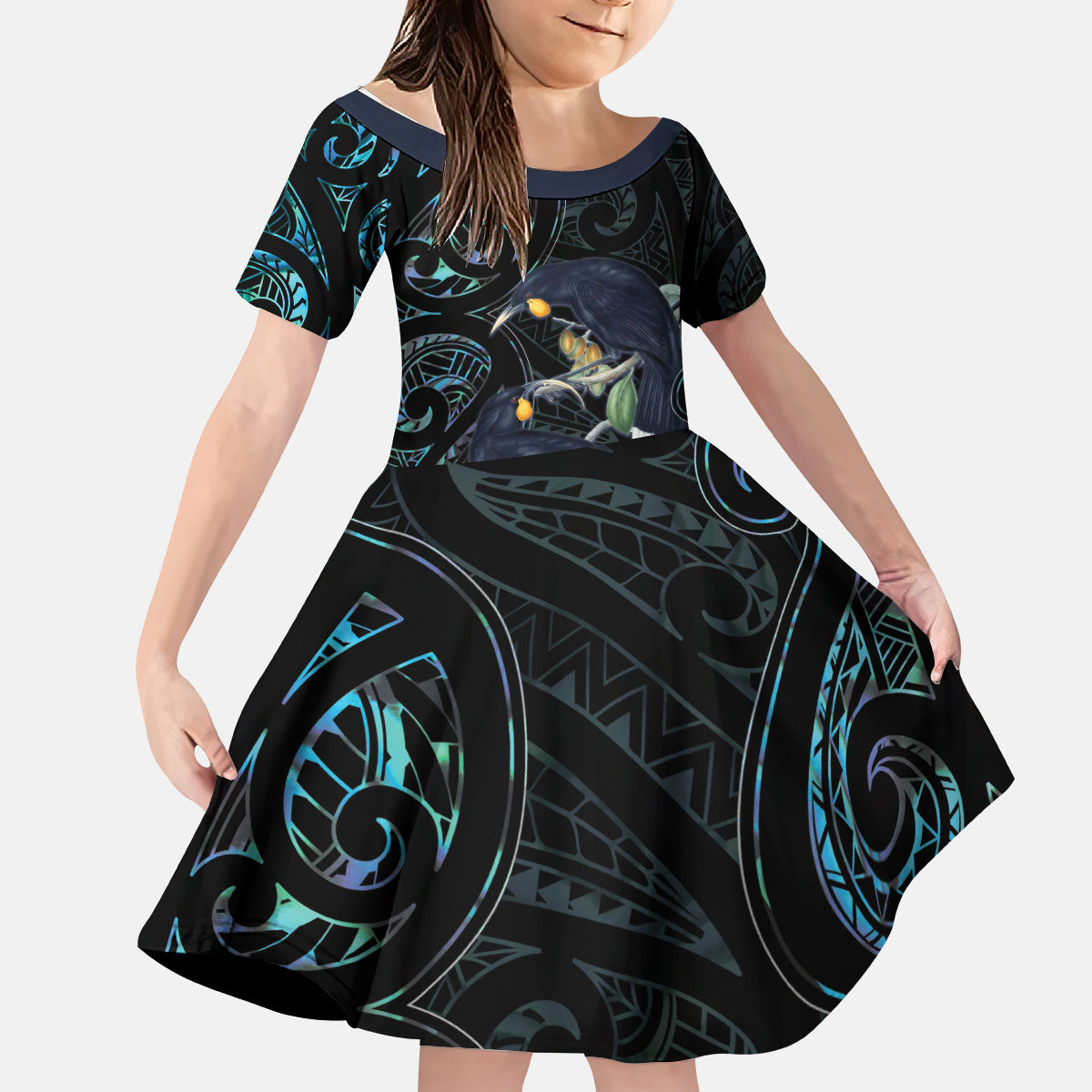 New Zealand Huia Bird Kid Short Sleeve Dress Paua Shell Maori Pattern LT22 KID Black - Polynesian Pride