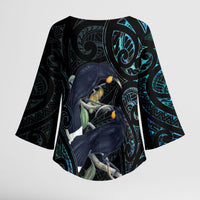 New Zealand Huia Bird Kimono Sleeve Blouse Paua Shell Maori Pattern