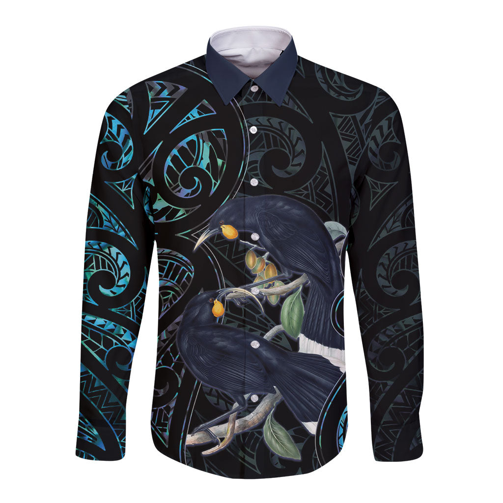 New Zealand Huia Bird Long Sleeve Button Shirt Paua Shell Maori Pattern LT22 Unisex Black - Polynesian Pride