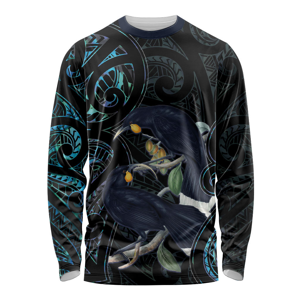 New Zealand Huia Bird Long Sleeve Shirt Paua Shell Maori Pattern LT22 Unisex Black - Polynesian Pride