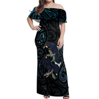New Zealand Huia Bird Off Shoulder Maxi Dress Paua Shell Maori Pattern