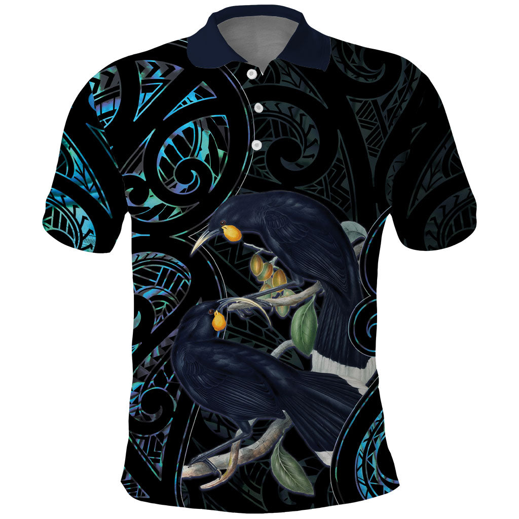 New Zealand Huia Bird Polo Shirt Paua Shell Maori Pattern