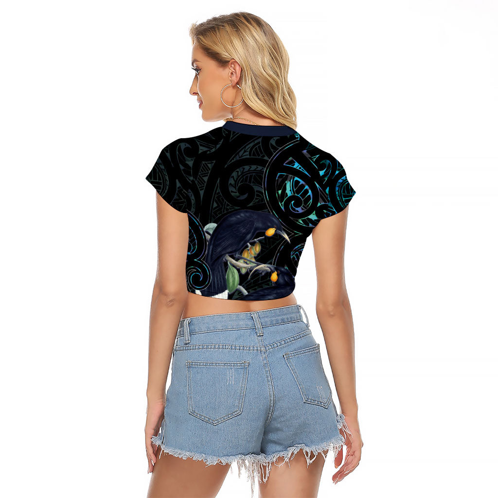 New Zealand Huia Bird Raglan Cropped T Shirt Paua Shell Maori Pattern