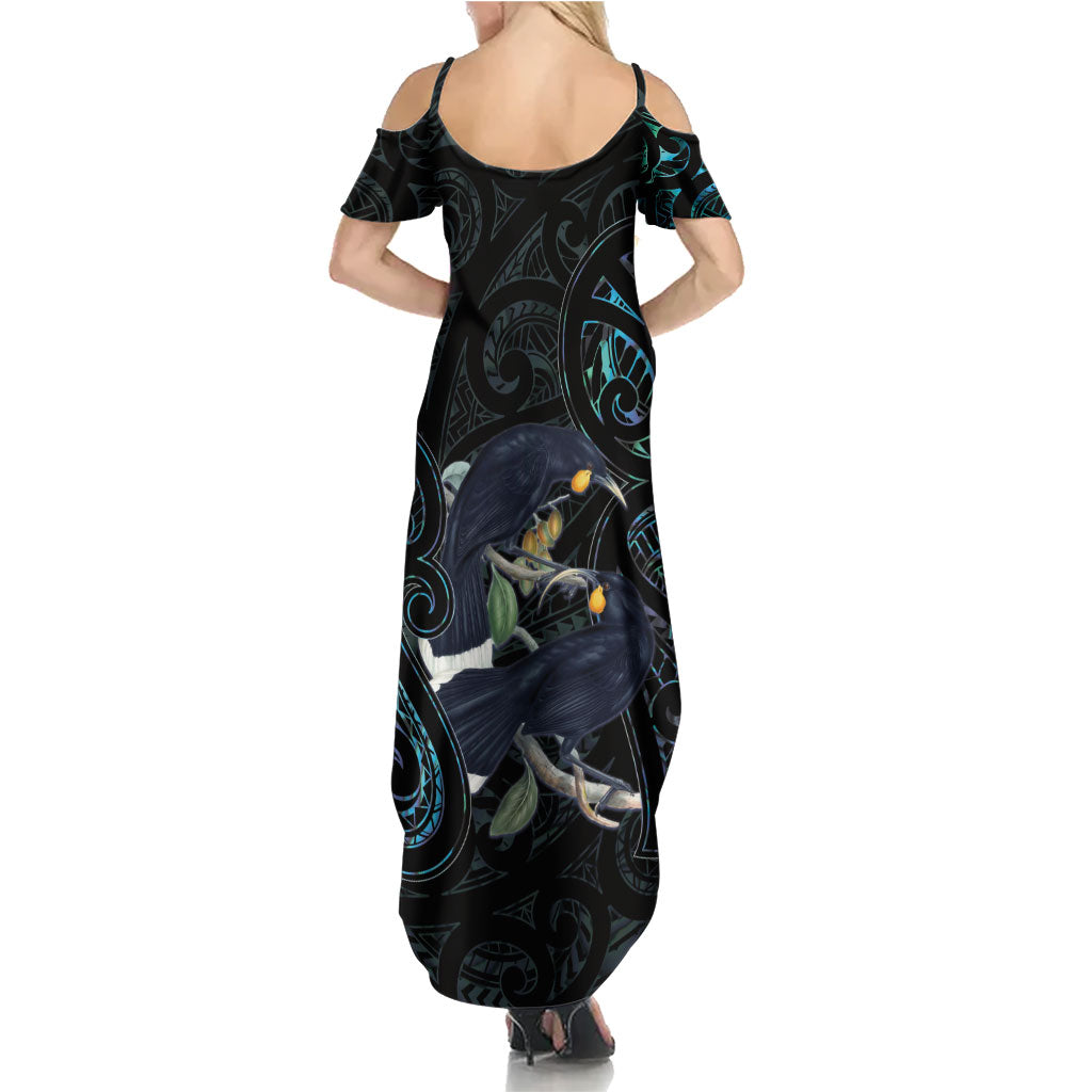 New Zealand Huia Bird Summer Maxi Dress Paua Shell Maori Pattern
